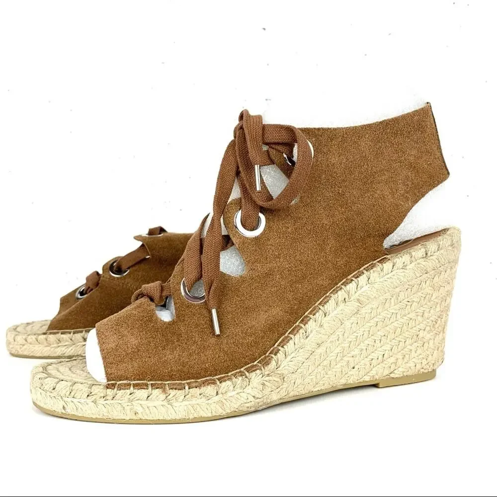 Ash Patty Suede Lace Up Espadrille Wedge Ankle Strap Cutouts Brown Size 41